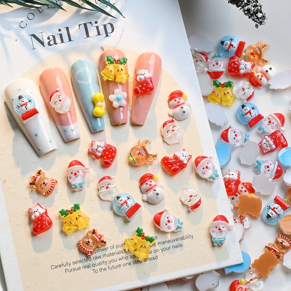 50Pcs/Lot 3D Cute Christmas Nail Art Decoration Kawaii Santa Claus Elk Snowman Rhinestones Flat Back Resin Xmas Manicure Parts