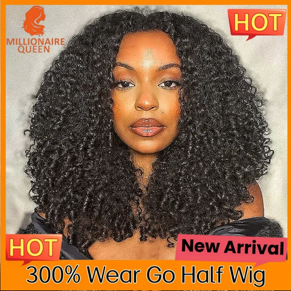 300% Millionaire Queen Half Wigs Wear and Go Beginner Friendly Headband Wig Pixie Curly Half Wig Clip Ins Flip Over Glueless Wig