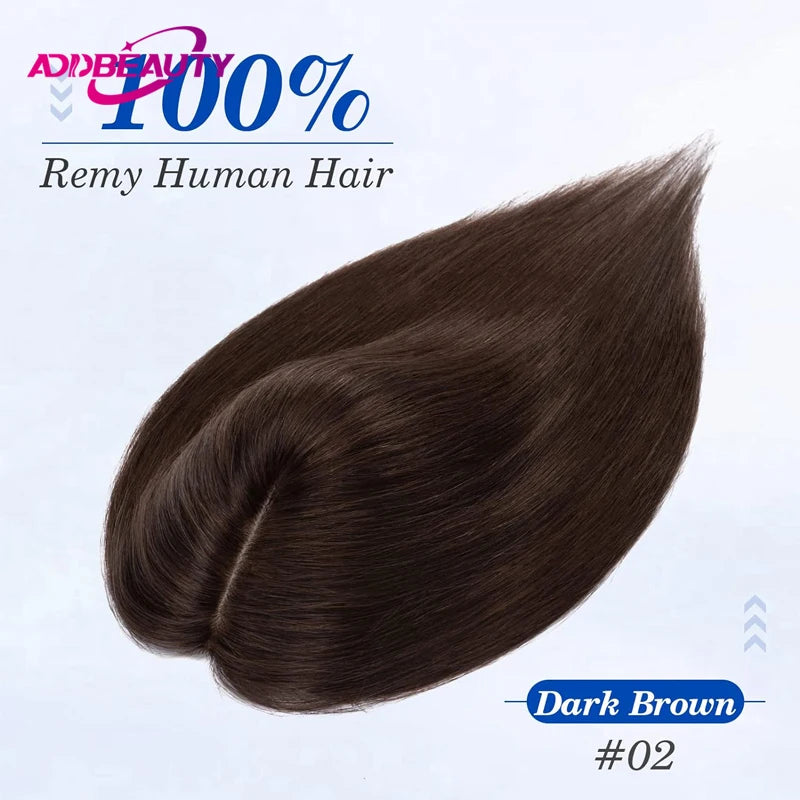 Straight Hair Topper Toupees Addbeauty Silk Base Human Hair Piece for Women 100% Remy Human Hair Clip in Hair Extensions Natural