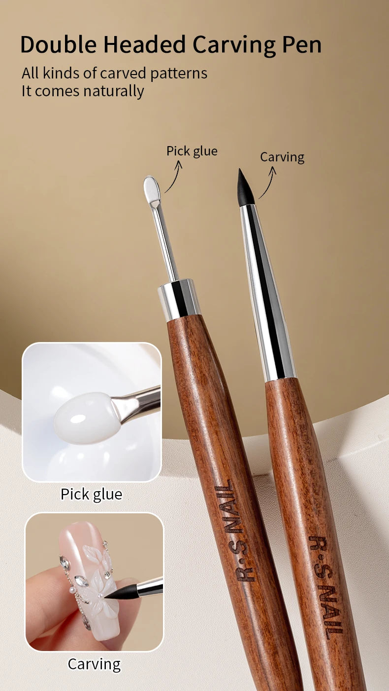 RSNAIL 1/2PCS Wooden Double Head Nail Art Brush Silicone Carving Pen Nail Supplies Carving Flower Painting Pen for Nail Art Tool