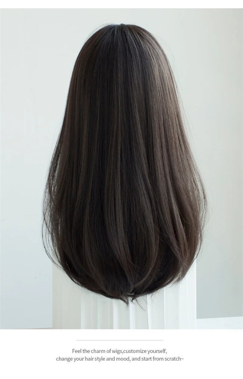 Korea Hair Extensions Synthetic Cute JK Girl Cosplay Air Bangs Wig Breathable Head Cover 50cm Long Straight Wig Hat for Women