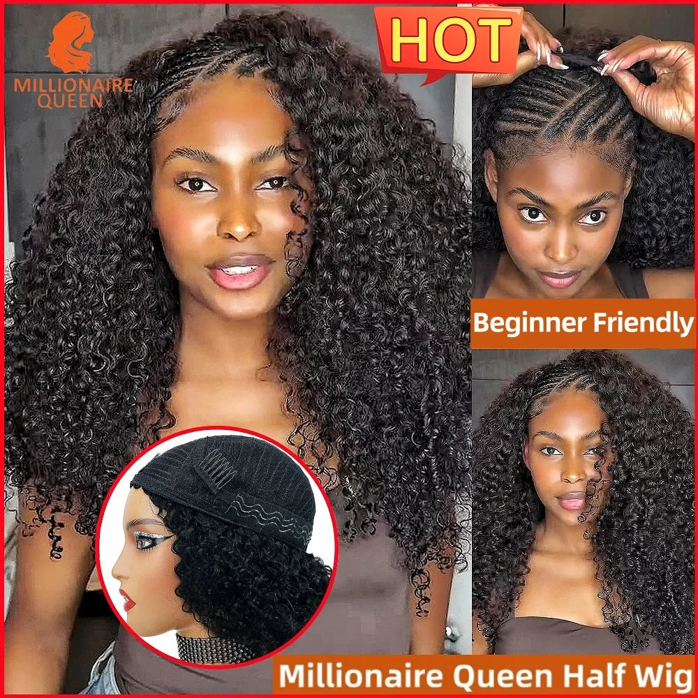 300% Millionaire Queen Half Wigs Wear and Go Beginner Friendly Headband Wig Pixie Curly Half Wig Clip Ins Flip Over Glueless Wig