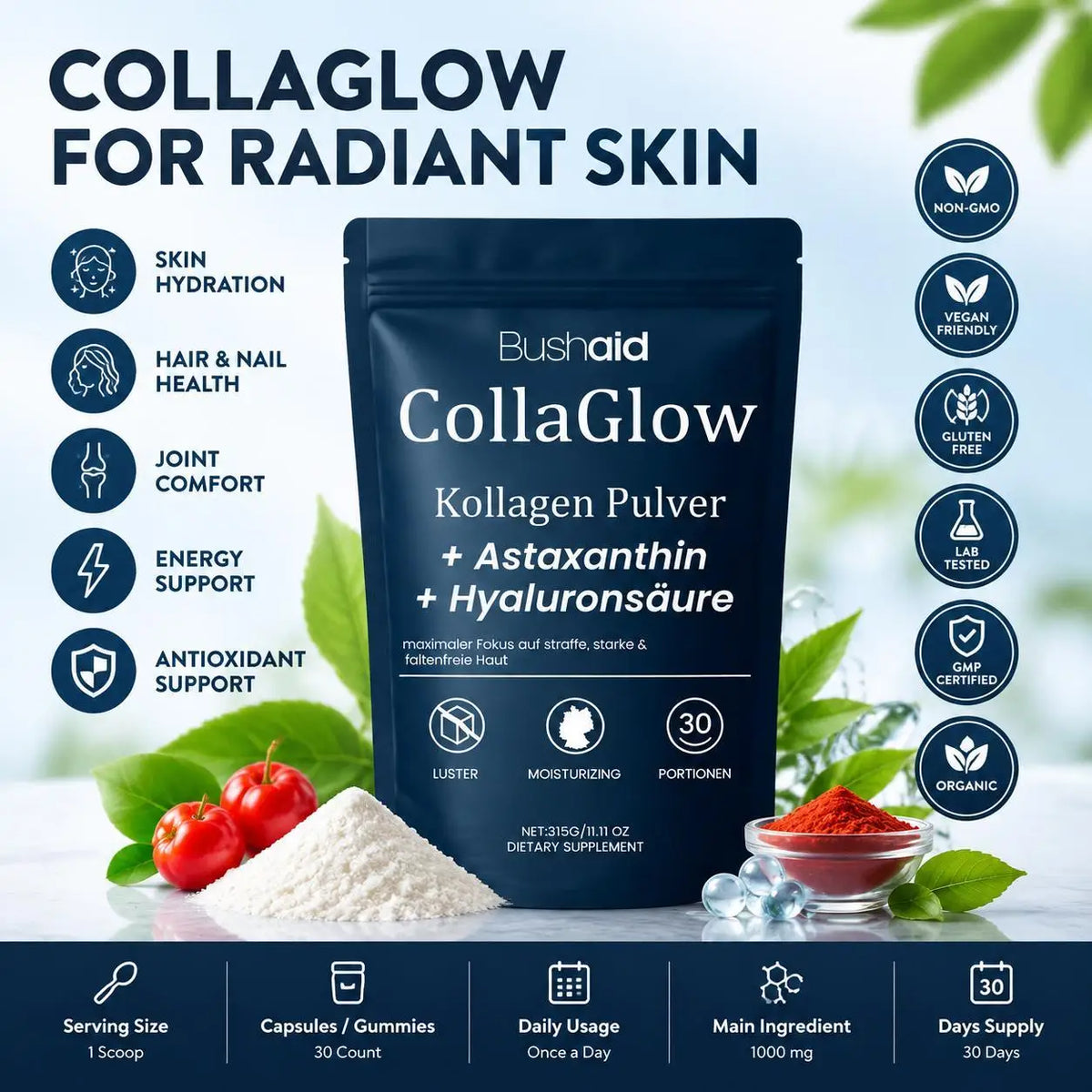 Collagen Powder Supplement with Hyaluronic Acid Astaxanthin Biotin CoQ10 for Skin Hydration Hair Nail Joint Support, 30 Servings