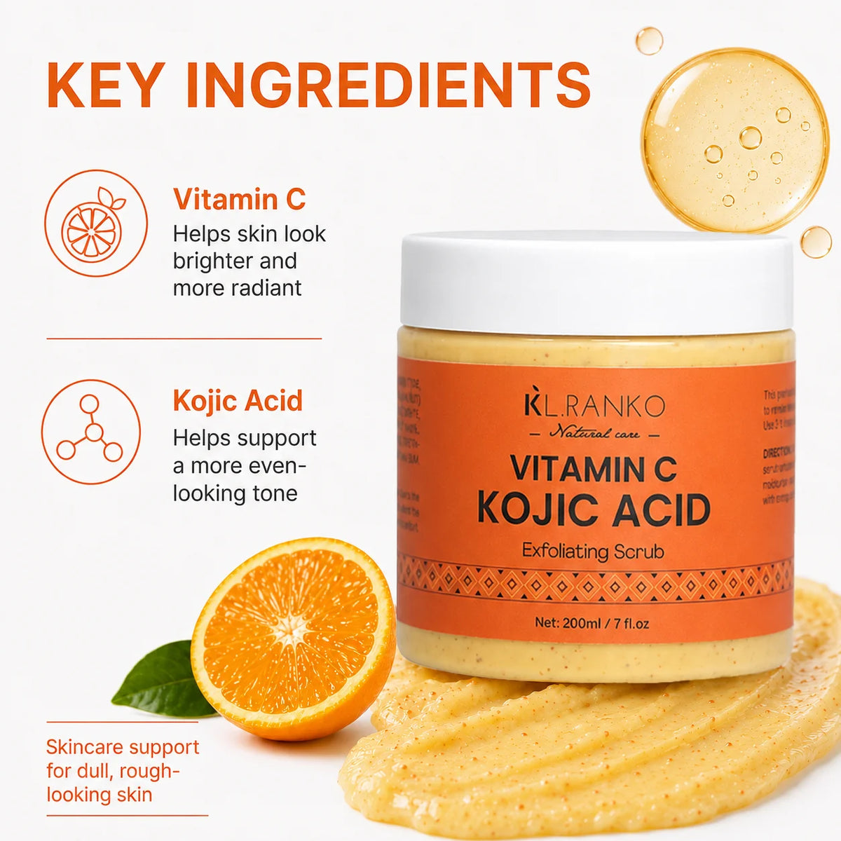 KL.RANKO Vitamin C & Kojic Acid Exfoliating Scrub | Face Scrub & Exfoliating Body Scrub - Vitamin C and Kojic Acid Body Scrub for Brightening, Exfoliating & Soothing, Even Skin Tone Care, Korean Skincare, 200ml/7 fl.oz