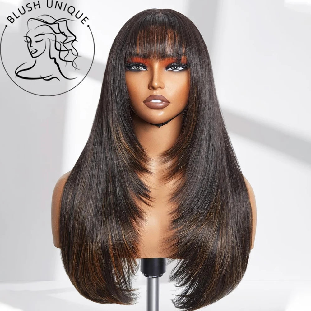 Straight Layered Cut Wigs with Bangs HD Lace Fake Scalp Synthetic Natural Layered Lace Wig For Women Glueless Heat Resistant Wig