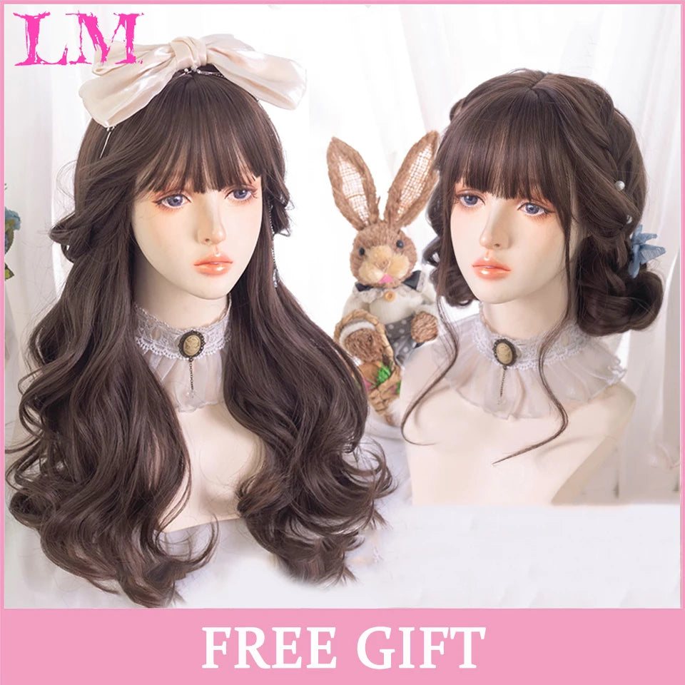 LM Light Blonde Wave Hair Wig Synthetic Long Wavy Wigs with Bangs for Women Cosplay Natural High Temperature Fiber