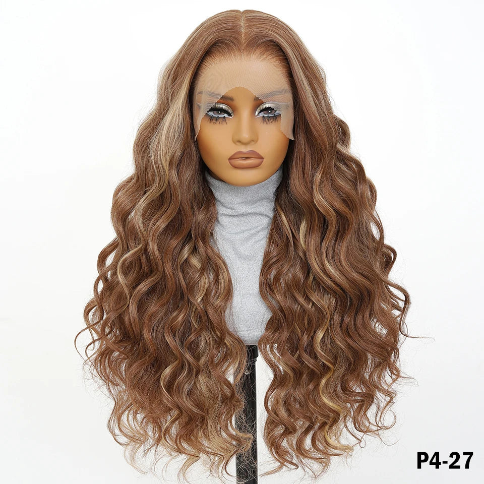 13x6 HD Synthetic Blend Lace Front Wig 30 Inch Long Deep Wavy Ombre Blonde Ginger for Afro Women Heat Resistant Cosplay Wig