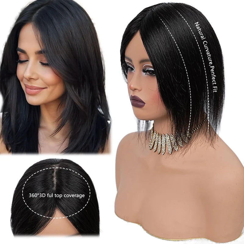 10 Inch 100% Human Hair 13X12cm Hairnet Clip in Hair Topper Extension with Bangs Top Wig Piece for Women Daily Life