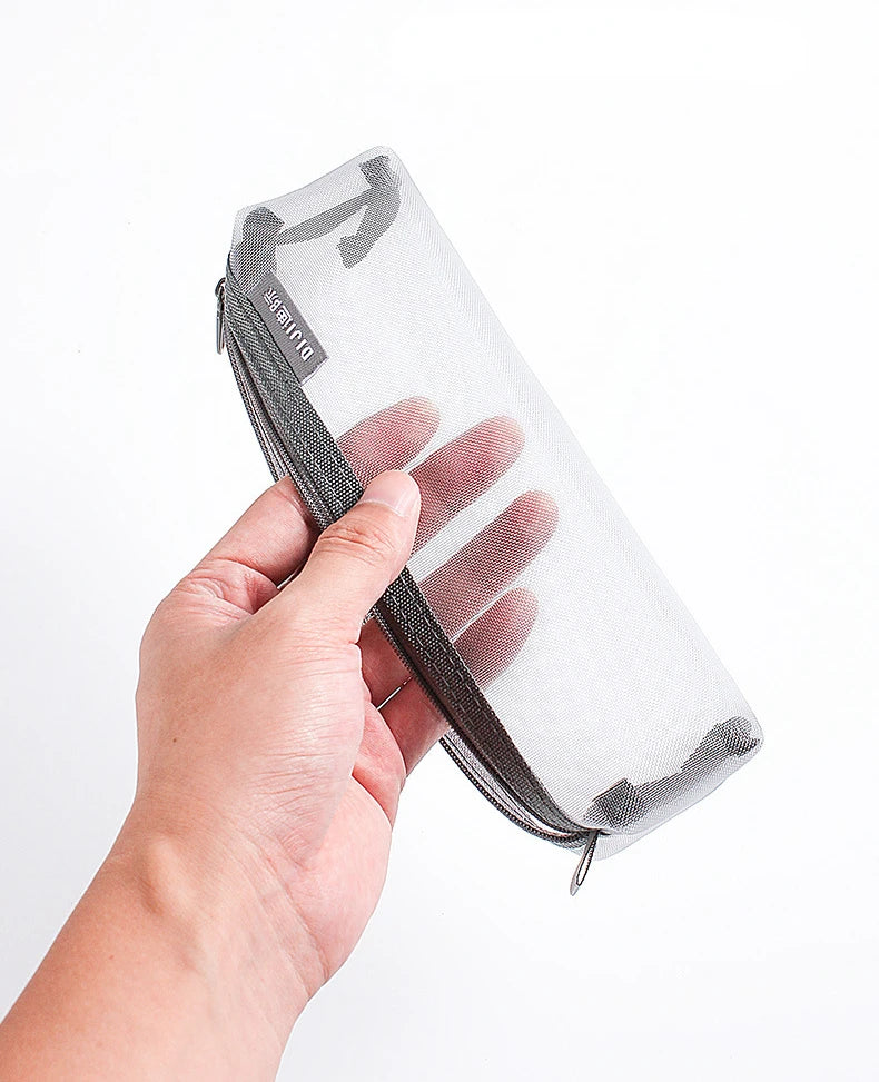 1PC Makeup Bags Case White Gray Black Large Capacity Mash Transparent Cosmetic Brush Bags Students Long Style Nylon Pencil Case