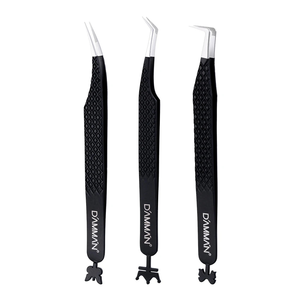 DAMMAN Fiber Tip Lash Extensions Tweezers Professional Eyelash Tweezers Anti-slip Lash Tweezers Eyelash Extension Supplies