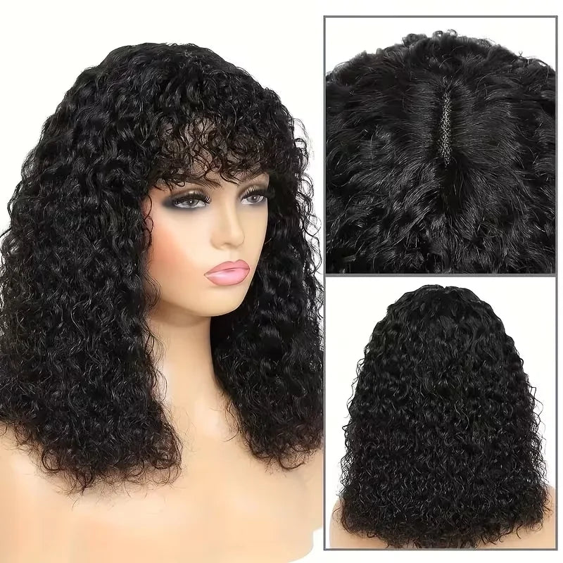 3X1 Middle Part Lace Curly Bob Wigs With Bangs Brazilian Hair Machine Made Short Bob Wig With Realistic Scalp Natural Black Color