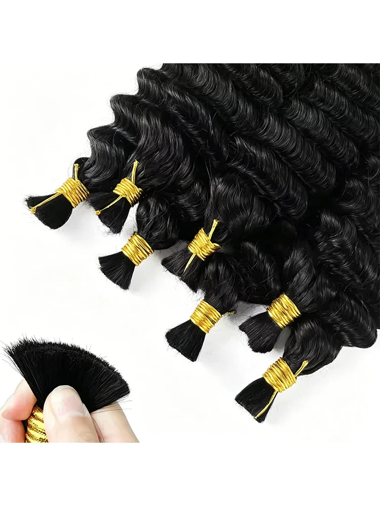 Deep Wave 1B Human Hair Bulk No Weft Curly Braiding Hair Extensions, Soft Real Human Hair Bulk For Making Knotless Boho Braids Various Fashion Braided Hairstyles For Ladies