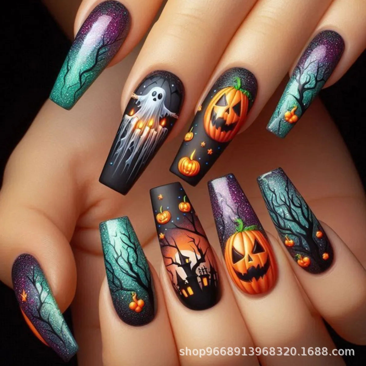 24pcs Long Coffin False Nails Press on Halloween Purple Nails Tip Pumpkin Castle Design Fake Nail Art Wearable Finished Manicure