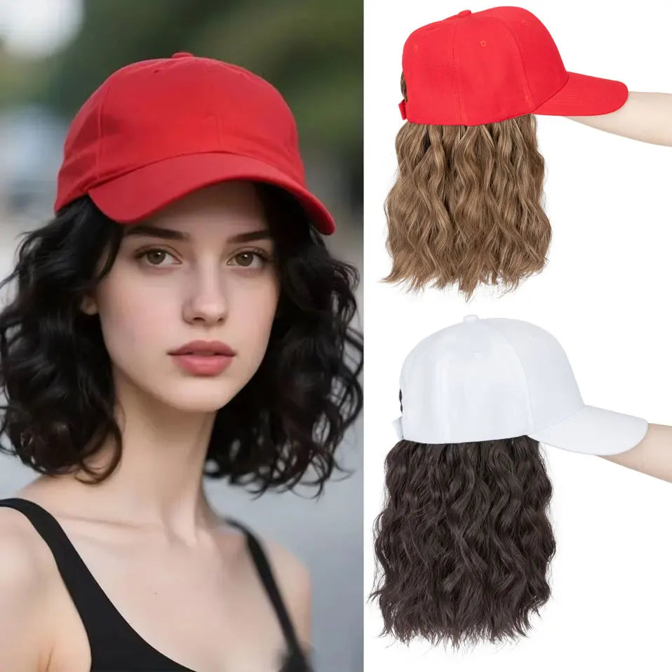 8" Short Wave Baseball Cap Wigs with Curly Hair Extensions for Women Daily Wear Synthetic Wave Adjustable Baseball Hat Wigs