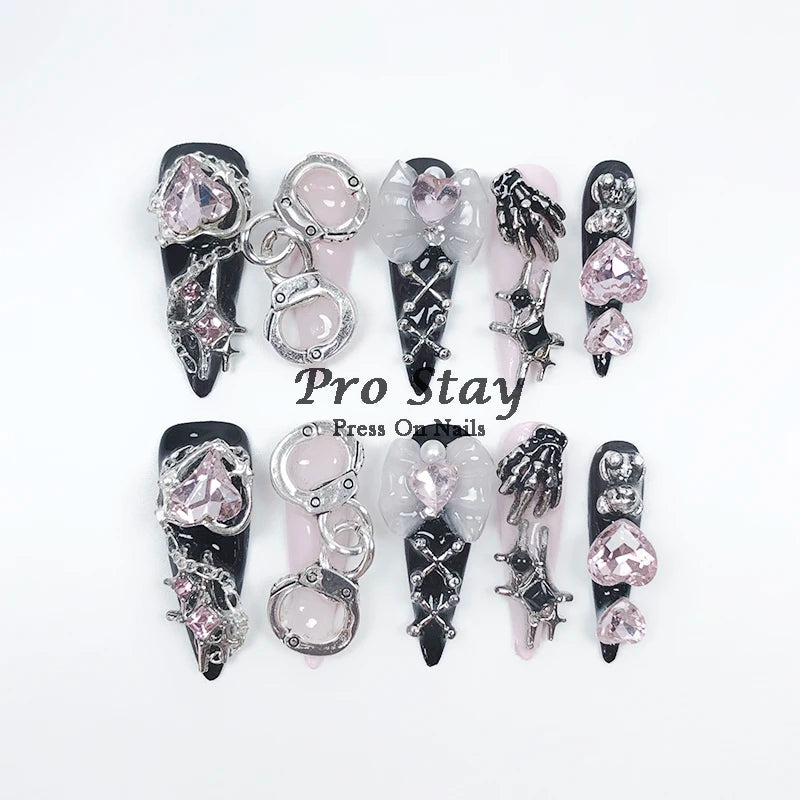 10pcs Dark Black Y2k Hot Girl Handmade Press On Nails Sweet Cool With Diamond Metal Decoration Wearable Artificial False Nail