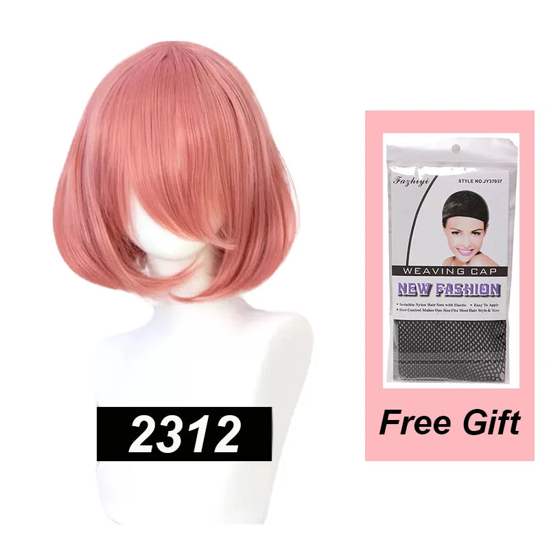 Snoya 35cm Synthetic Short Bob Straight Hair with Trimmable Bangs Lolita Pink Green Blonde Red Cosplay Wigs for Women+Wig Cap