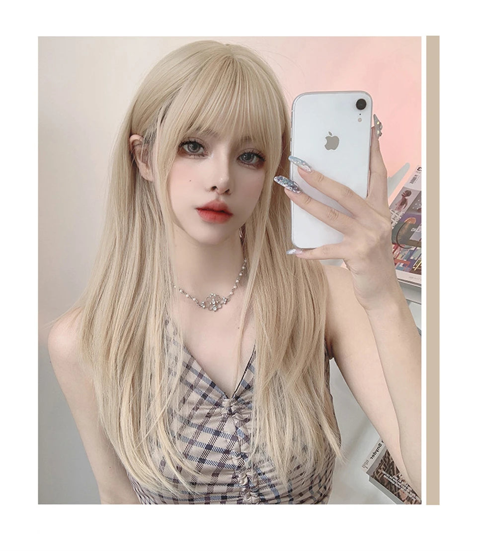 LM Light Blonde Wave Hair Wig Synthetic Long Wavy Wigs with Bangs for Women Cosplay Natural High Temperature Fiber