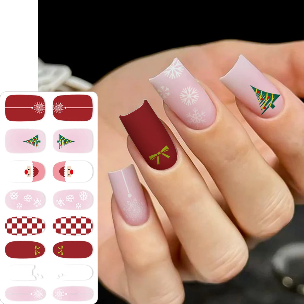 16Tips 3D Full Cover Christmas Series Nail Stickers Adhesive No Light Need Nail Art Wraps Strips Festival Manicure Polish Tips *
