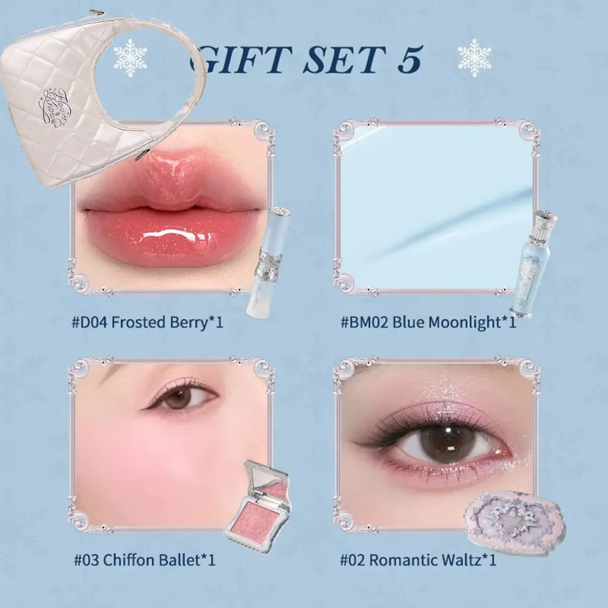 Flower Knows Snow Ballet Makeup Christmas Gift Set Eyeshadow,Blush,Lip Glaze Setting Powder with Cosmetic Bag Beauty Kit
