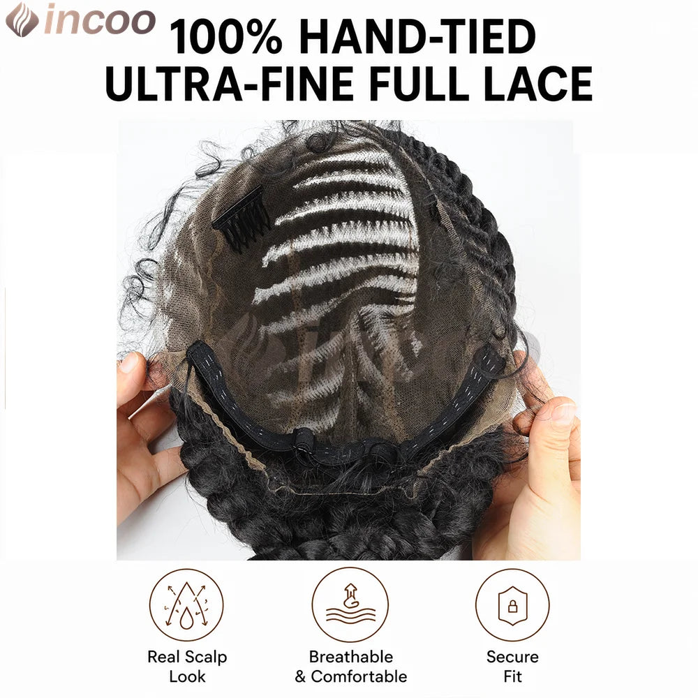 Short Cornnrow Braid Wigs Buns Glueless For Black Women Synthetic HD Full Lace Wig Neat Braids Wig African Protective Style
