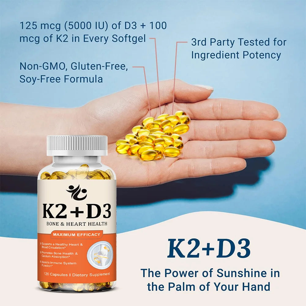 Vitamin D3 + K2 Capsules, Support Calcium Absorption, Bone & Joint Wellness, Cardiovascular Function and Immune System Health