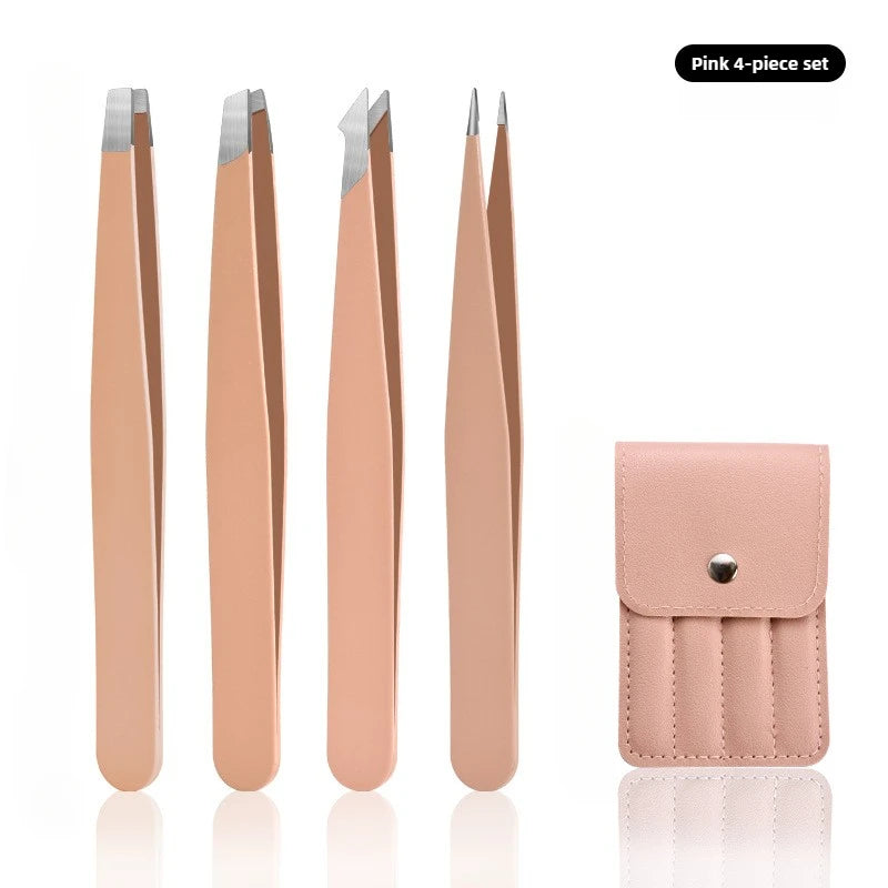 Stainless Steel Eyelash Tweezers 4 Pcs Can Precisely Facial Hair and Debris, Makeup Tools, Comes with a Folding Bag