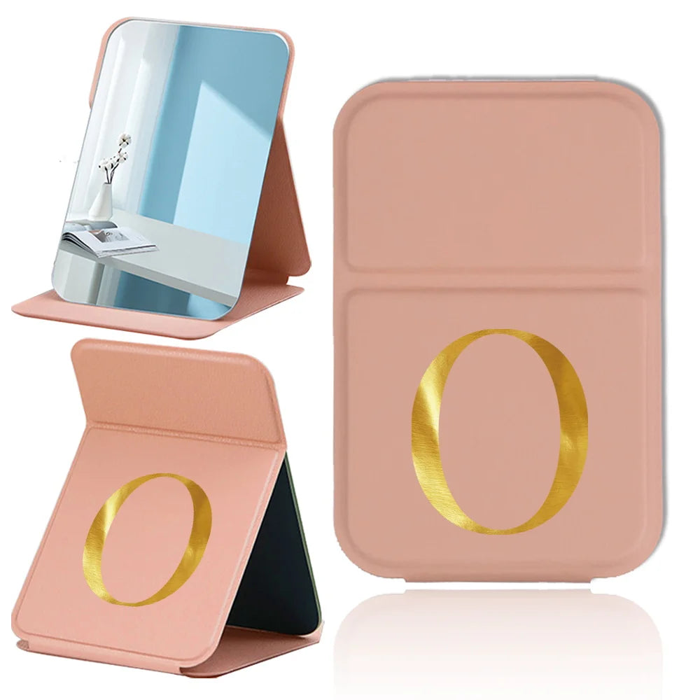 Personalized Pu Vanity Mirror Portable Handheld Makeup Mirror Folding Desktop Makeup Mirror Pocket Cosmetic Tool Letter Pattern