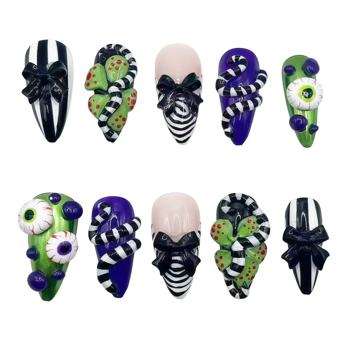 30pcs 3D Spooky Eyeballs Press On Nails Halloween Theme Horror Almond False Nails With Bows Black White Stripes Decor Fake Nail