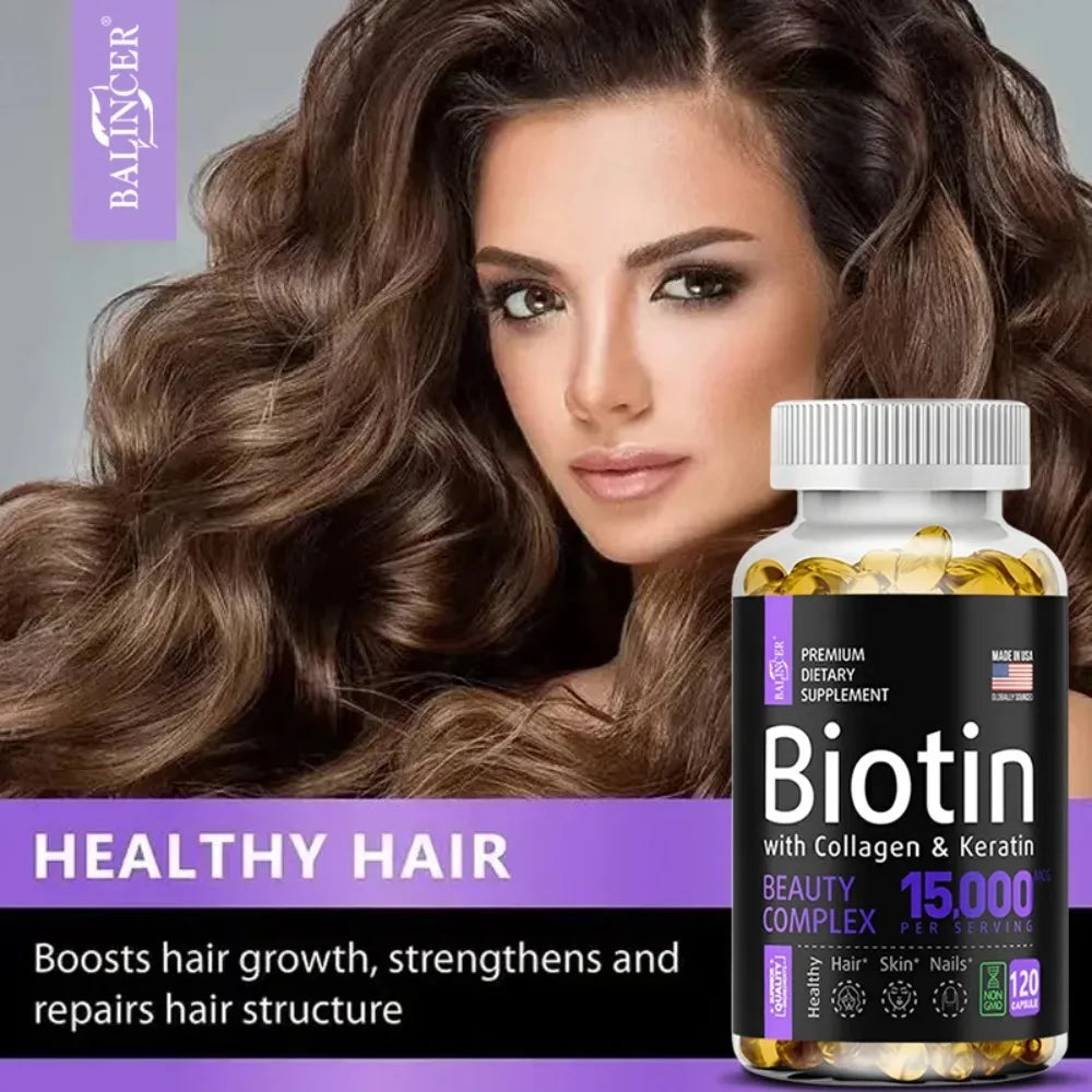 Biotin with Collagen & Keratin - Hair Growth Supplement for Women & Men, 15000 Mcg, Healthy Nails & Skin, 120 Capsules