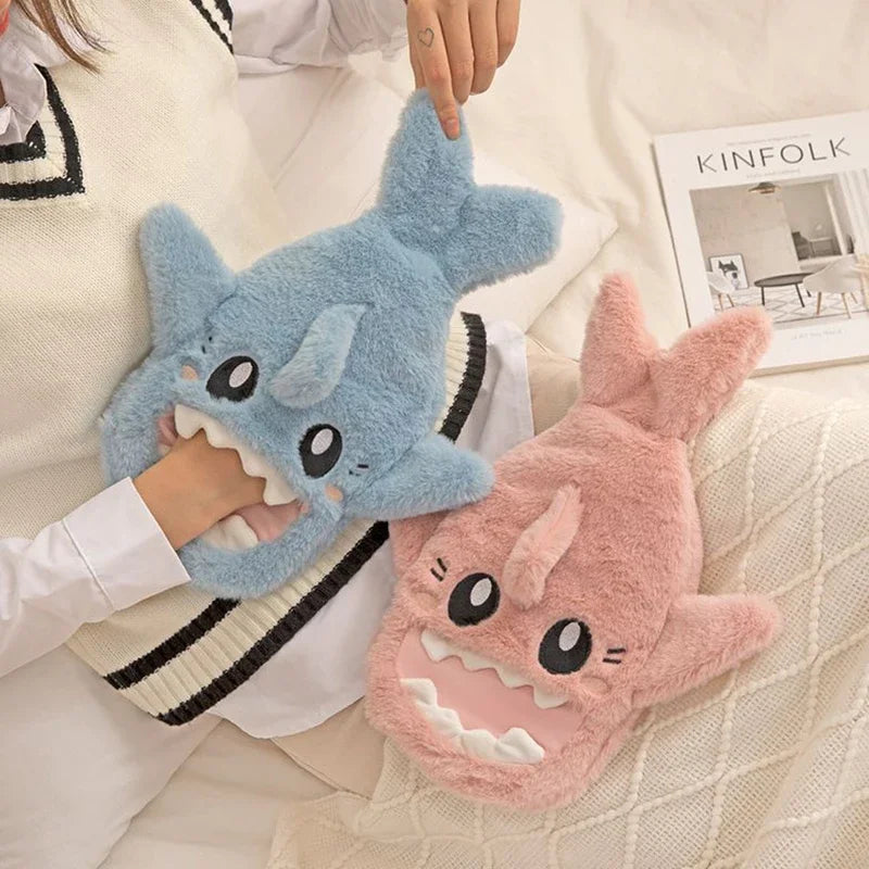 Portable Cute Plush Shark Hot Water Bottle Bag Stress Pain Relief Detachable Winter Warm Heat Reusable Hand Warmer