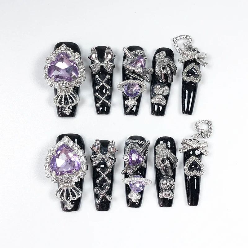 10pcs Dark Black Y2k Hot Girl Handmade Press On Nails Sweet Cool With Diamond Metal Decoration Wearable Artificial False Nail