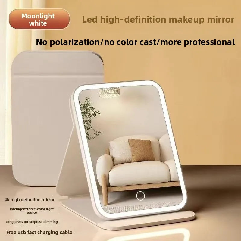 LED Makeup Mirror Desktop with Light, Ins style，Three-sided Folding, Dormitory Desktop, Beauty and Bedroom Dressing Mirror，