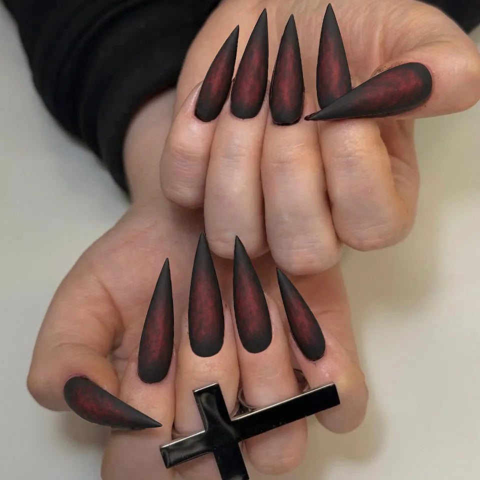 24pcs Halloween Gothic Style Fake Nails Black Red Long Pointed Matte Press On Nail Acrylic Material Hot Girl Wearable False Nail