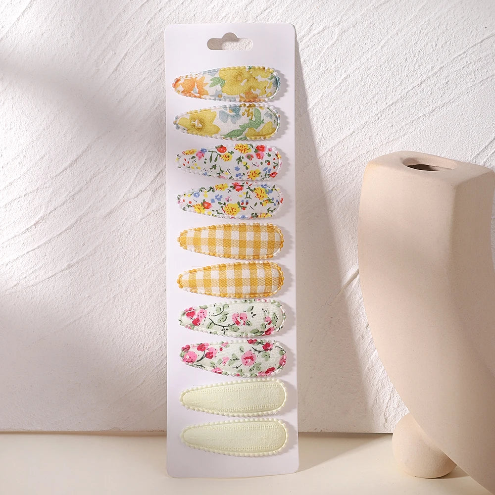 10Pcs/Lot Fresh Print Cotton Alloy Hair Clips for Kids Fabric Plaid BB Hairpins Girl Hairgripe Headwear Baby Hair Accessories