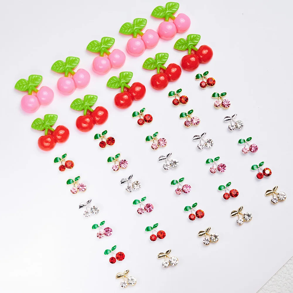 20Pcs Glitter Cherry Rhinestone 3D Nail Charms 10mm Red & Pink Cherry Christmas Nail Art Y2K Alloy Metal Gold Cherry Nail Part