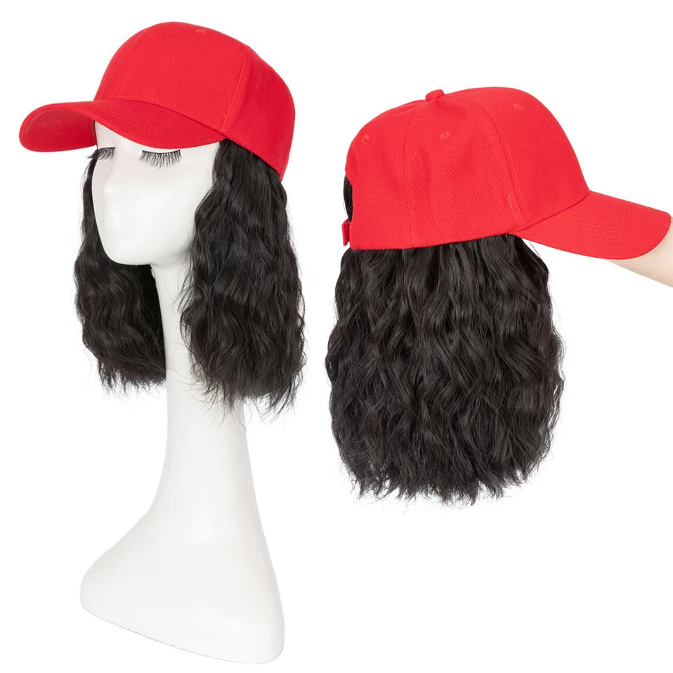 8" Short Wave Baseball Cap Wigs with Curly Hair Extensions for Women Daily Wear Synthetic Wave Adjustable Baseball Hat Wigs