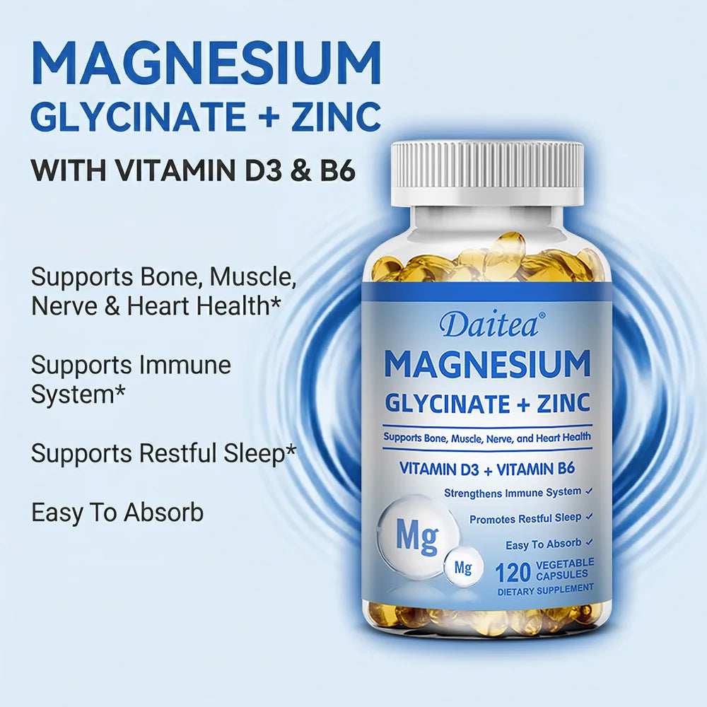 Magnesium Glycinate + Zinc - Improves Sleep Quality, Promotes Cardiovascular Bone and Heart Health, Promote Intestinal Digestion