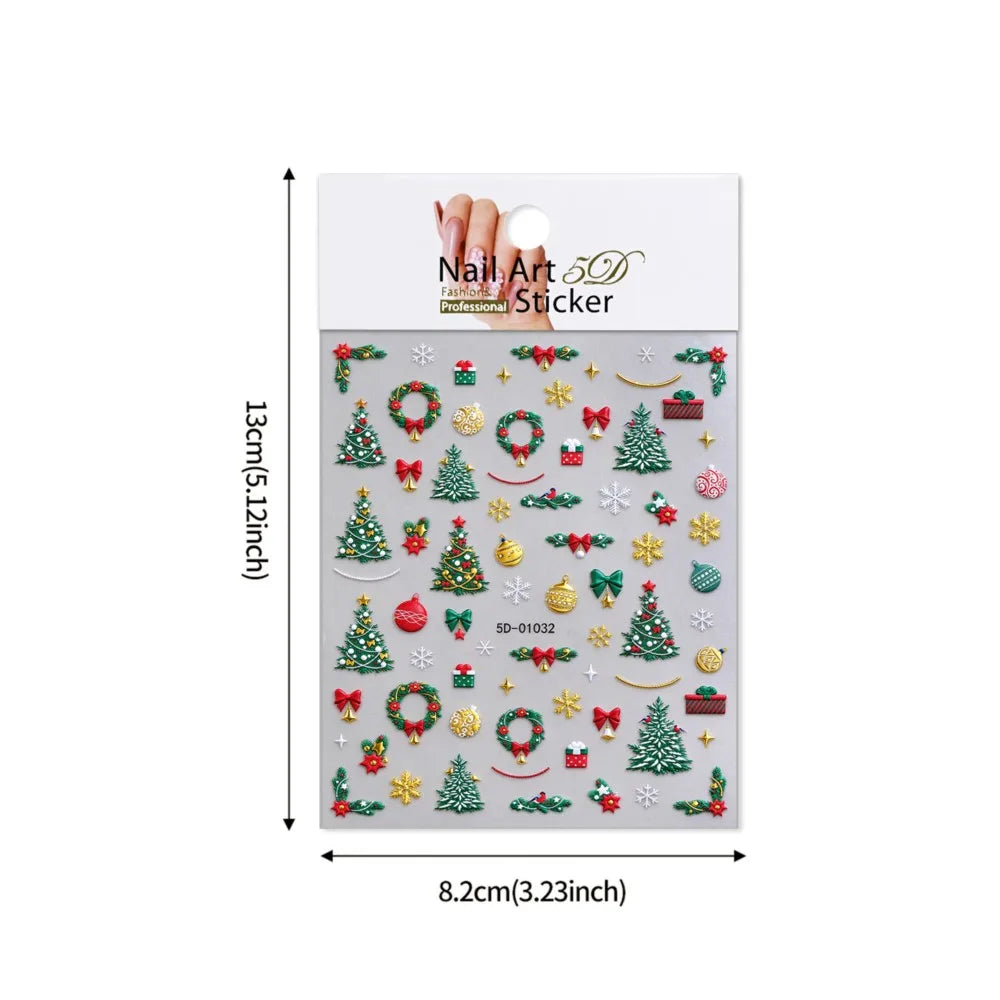 1Pcs 5D Embossed Christmas Tree/Bell/Wreath Nail Stickers Cute Gold Snowflakes Ball Bow Xmas Nail Decals Adhesive Nail Decora E2