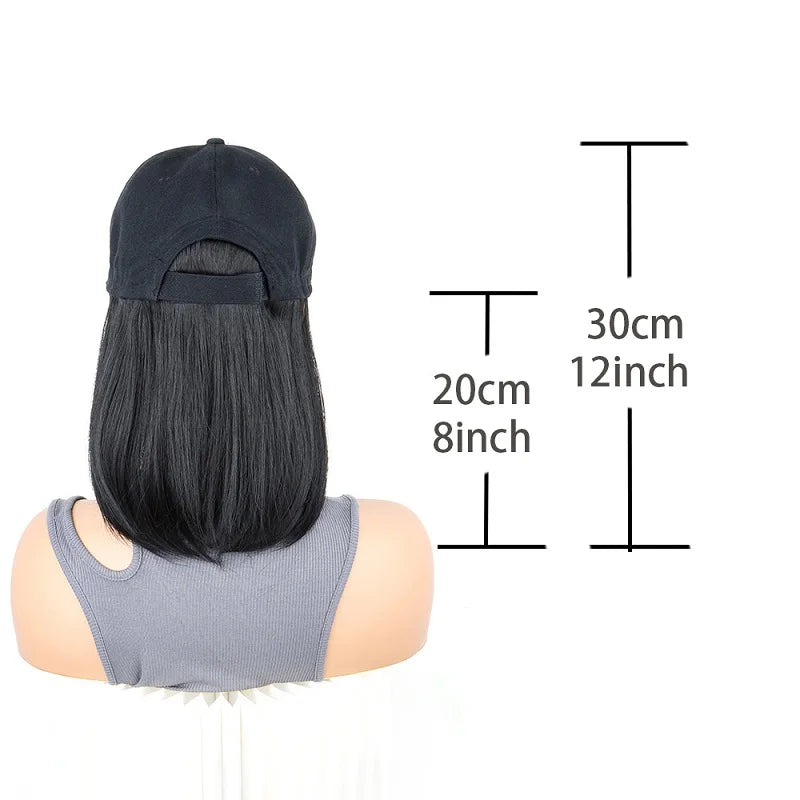 Synthetic Short Straight Bobo Hat Wigs Baseball Cap Adjustable Black Brown Hairpiece for Women