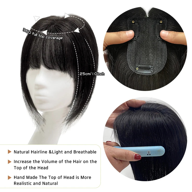 100% Human Hair 7X10cm Hairnet with French Bangs Toupee 25cm Straight Clip in Hair Extension Improve Volume Topper Hair Pieces