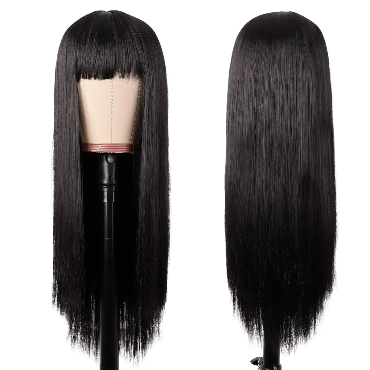 Women Long Straight with Flat Bangs Synthetic Hair Heat Resistant Fiber Hair for Party Cosplay Wig Black Wigs Women