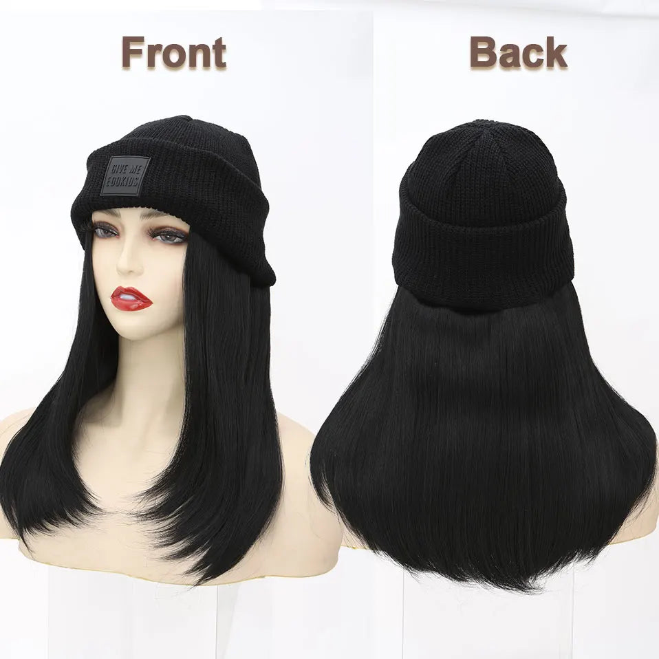 Hat Wig Knitted Beanie Wig Hat Hair Extension 11''18'' Long Wavy Curly Black Hat Wig Synthetic Hairpiece for Women Girls Winter