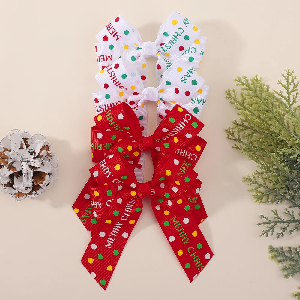 4Pcs Merry Christmas Printed Ribbon Bow Hair Clip Long Tail Barrette Red Green Xmas Tree Deer Pattern Hairpin Girls Headdress