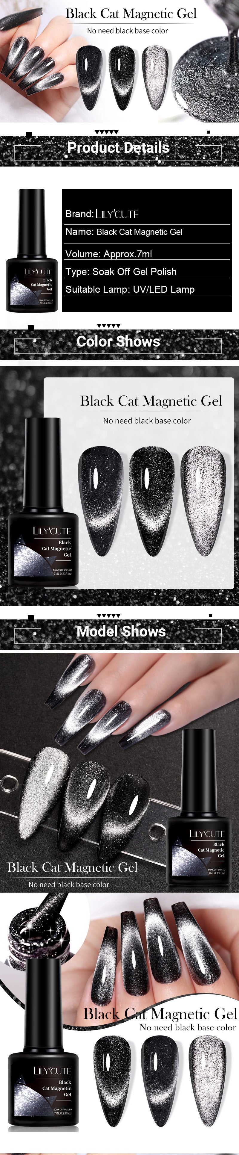 LILYCUTE 7ml 9D Black Crystal Cat Magnetic Gel Nail Polish Laser Silver Glitter Semi Permanent Manicure For Nail Art Gel Varnish