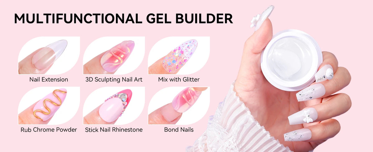 Makartt Solid Gel Builder: 4-in-1 Clear White Non-sticky for Extension 3D Sculpting Nail, UV Glue for Acrylic Tips, Rhinestones