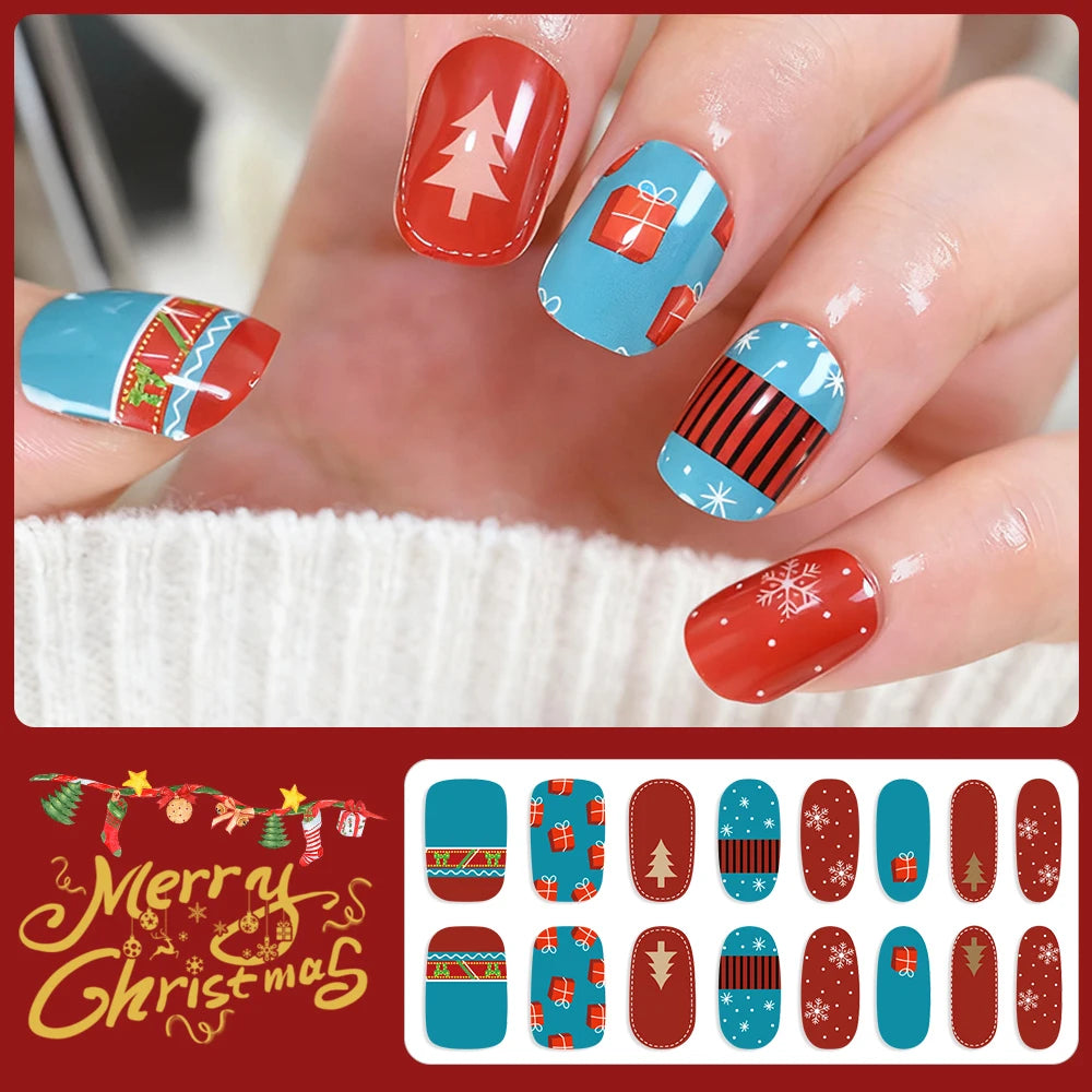 16Tips 3D Full Cover Christmas Series Nail Stickers Adhesive No Light Need Nail Art Wraps Strips Festival Manicure Polish Tips *