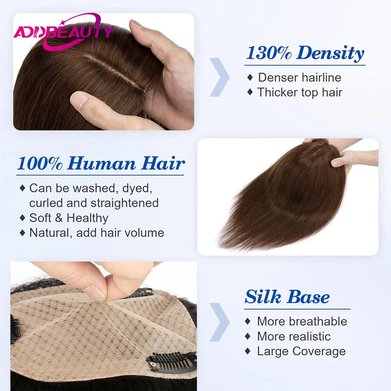 Straight Hair Topper Toupees Addbeauty Silk Base Human Hair Piece for Women 100% Remy Human Hair Clip in Hair Extensions Natural