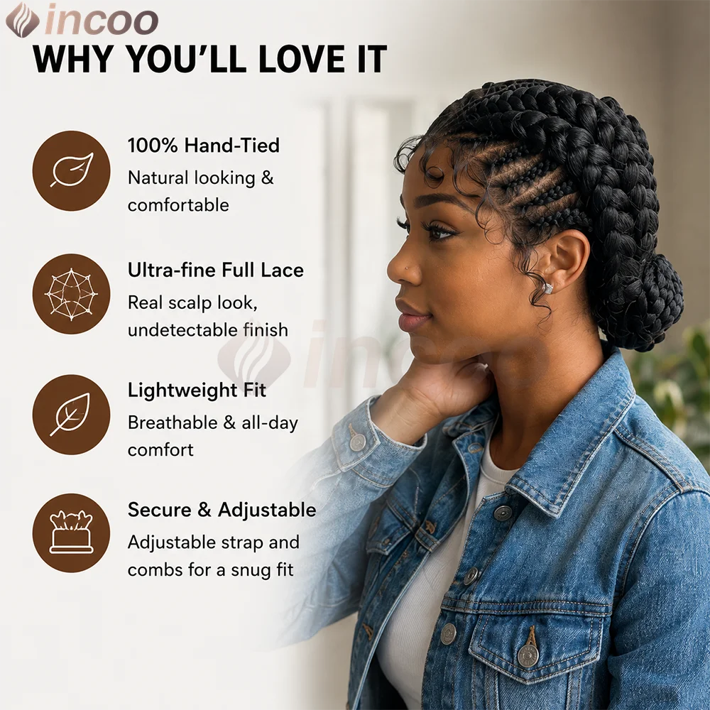 Short Cornnrow Braid Wigs Buns Glueless For Black Women Synthetic HD Full Lace Wig Neat Braids Wig African Protective Style