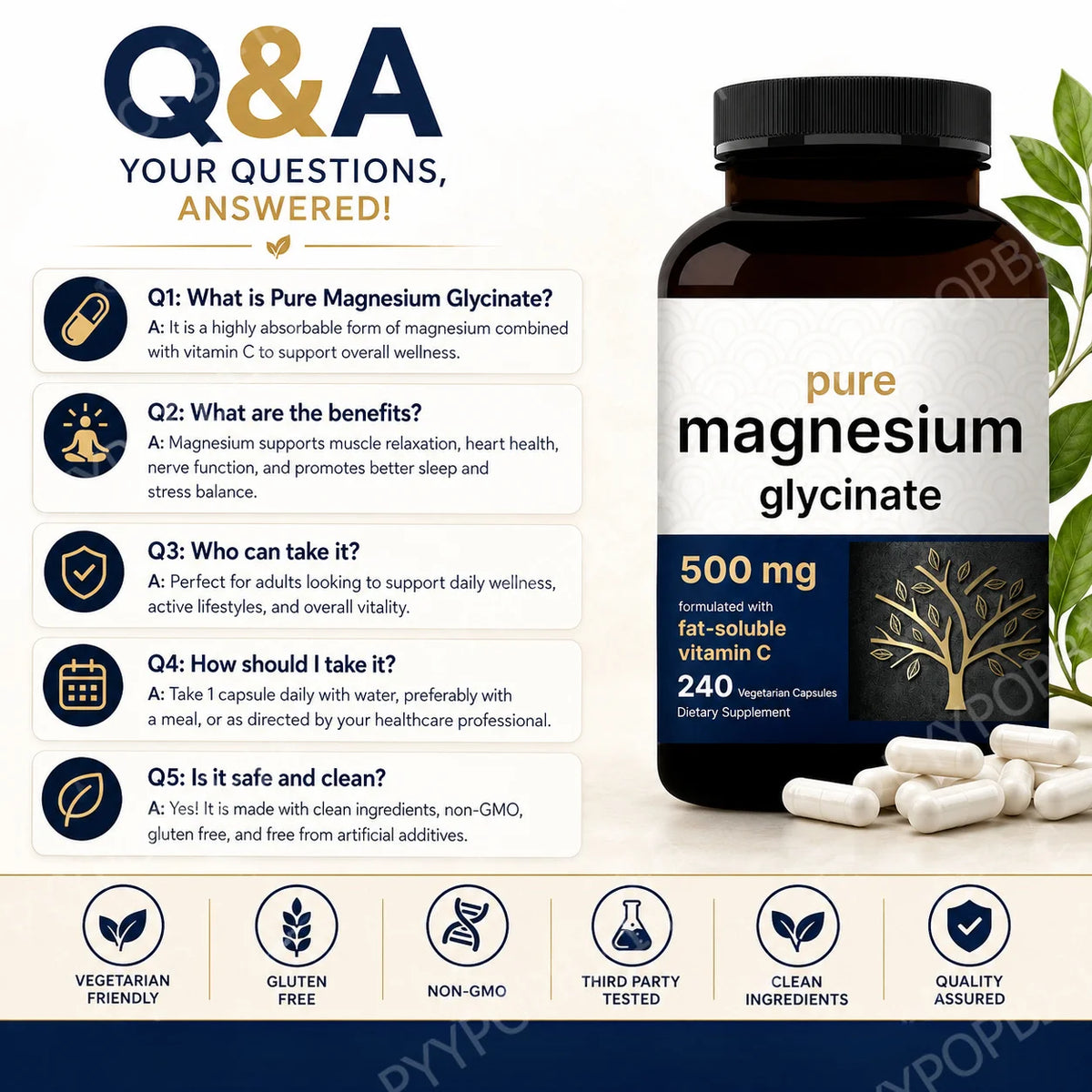 Pure Magnesium Glycinate 500mg Capsules with Vitamin C Supports Relaxation Muscle Nerve Health Bone Support 240 Capsules