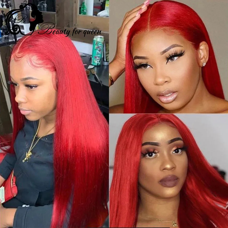 Red Long Straight Human Hair Wigs Extensions Invisible Lace Melting Colored 13x4 Lace Front Wig Glueless Wear And Go For Women